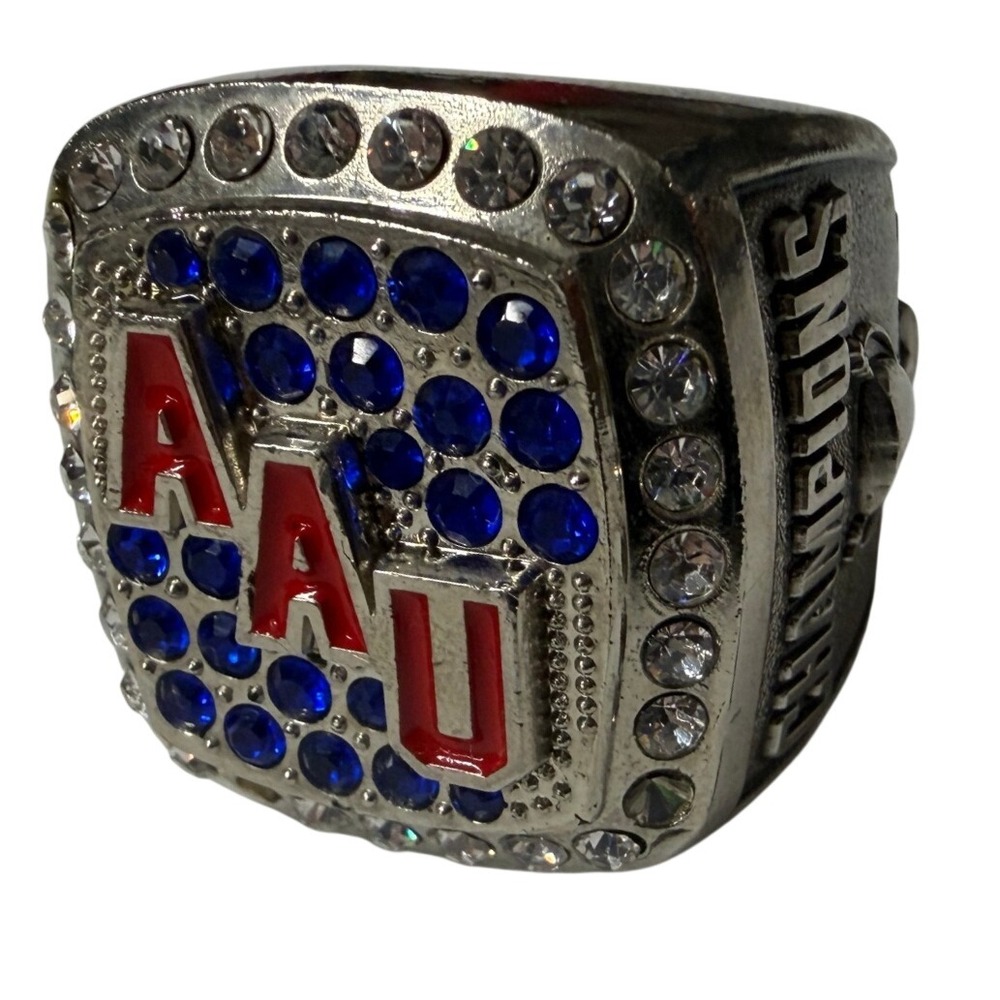 AAU Champions Ring Silver Tone Blue Red Rhinestone Sports Memorabilia
